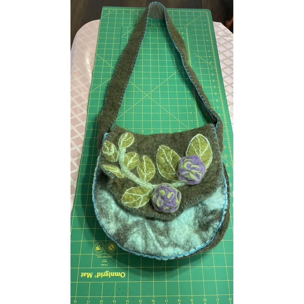 Rising Tide Crossbody Shoulder Bag Purse 100% Felted Wool Floral Leaf Boho
